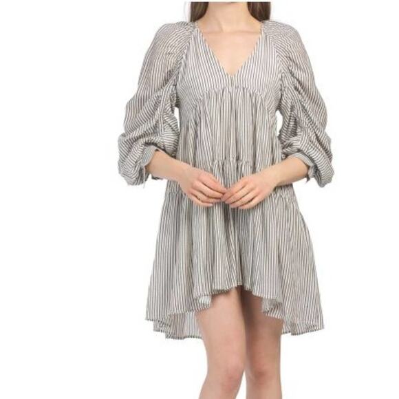 FRAME NWT BOHO BOHEMIAN CASUAL STRIPE DRESS SHIRRED BABYDOLL EMPIRE S - Picture 2 of 9